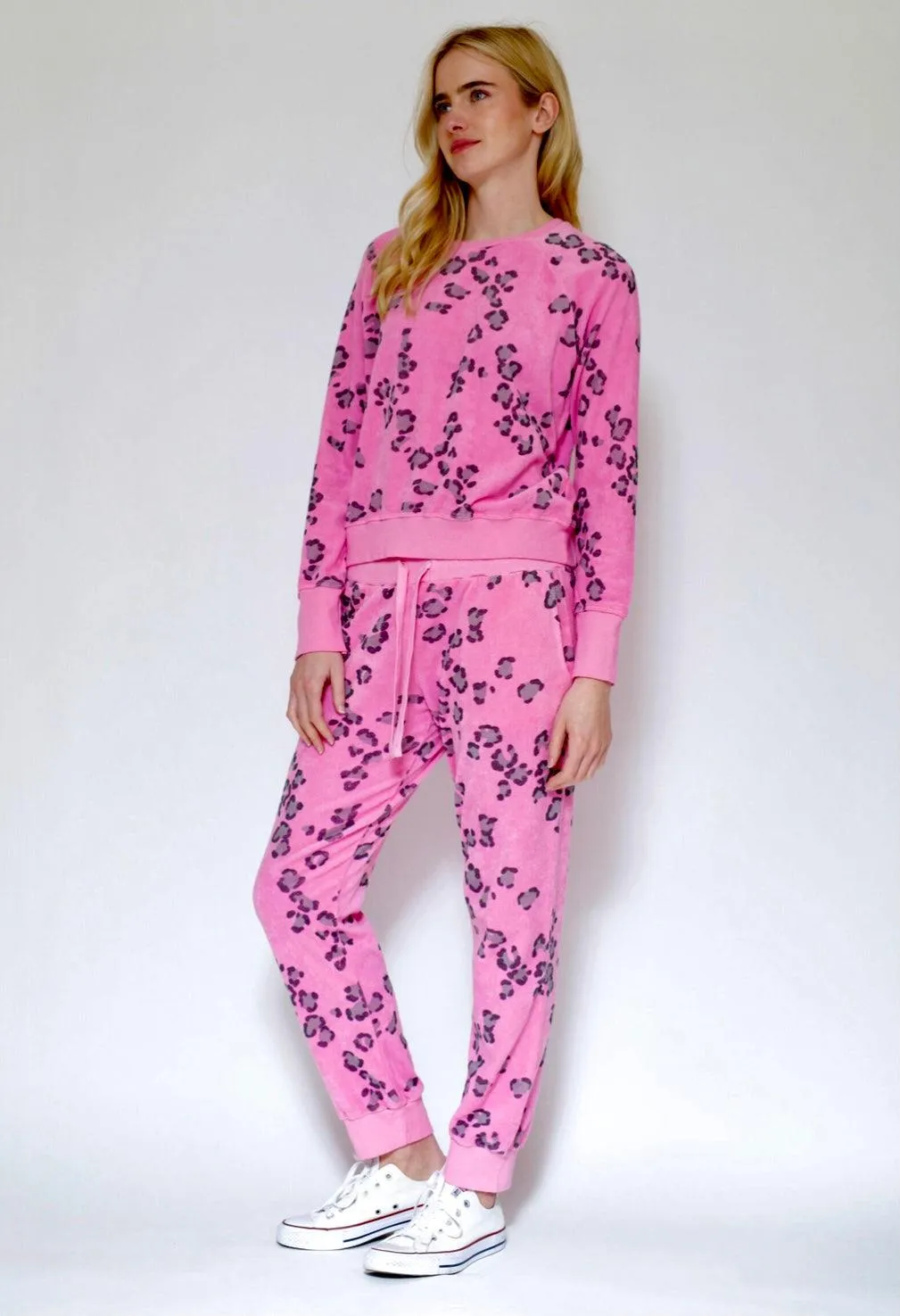 Leopard Terry Joggers in Neon Pink