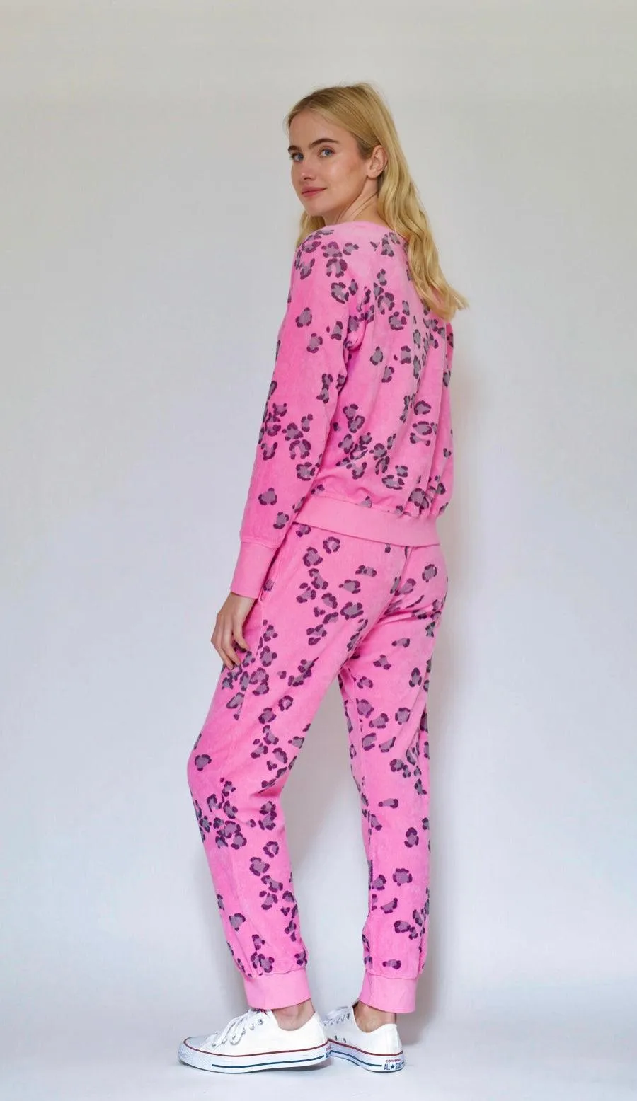 Leopard Terry Joggers in Neon Pink