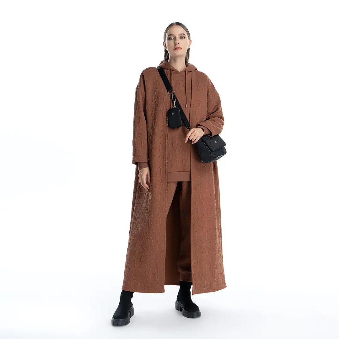 Letter Textured Solid Maxi Open Winter Bisht