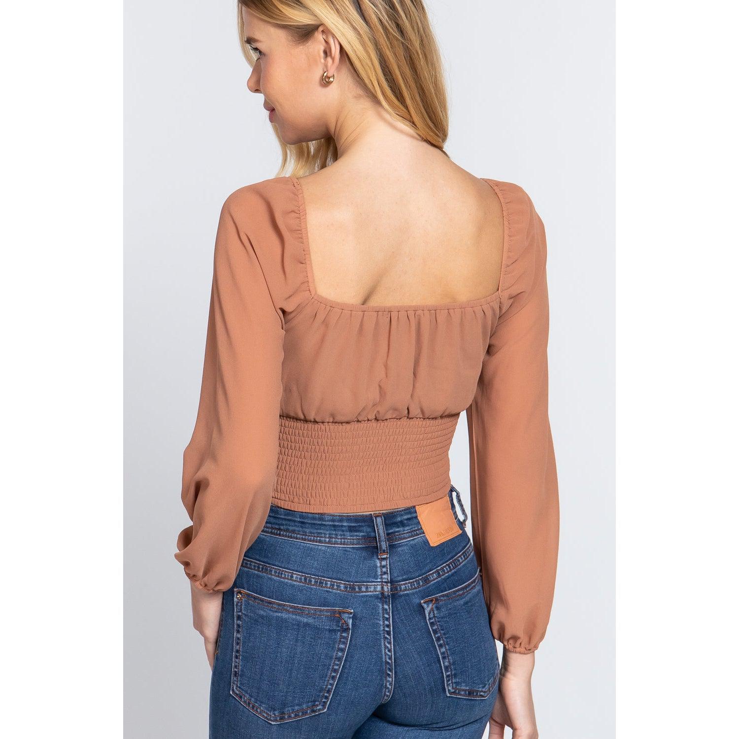 Long Sleeve Front Tied Ruched Detail Woven Top