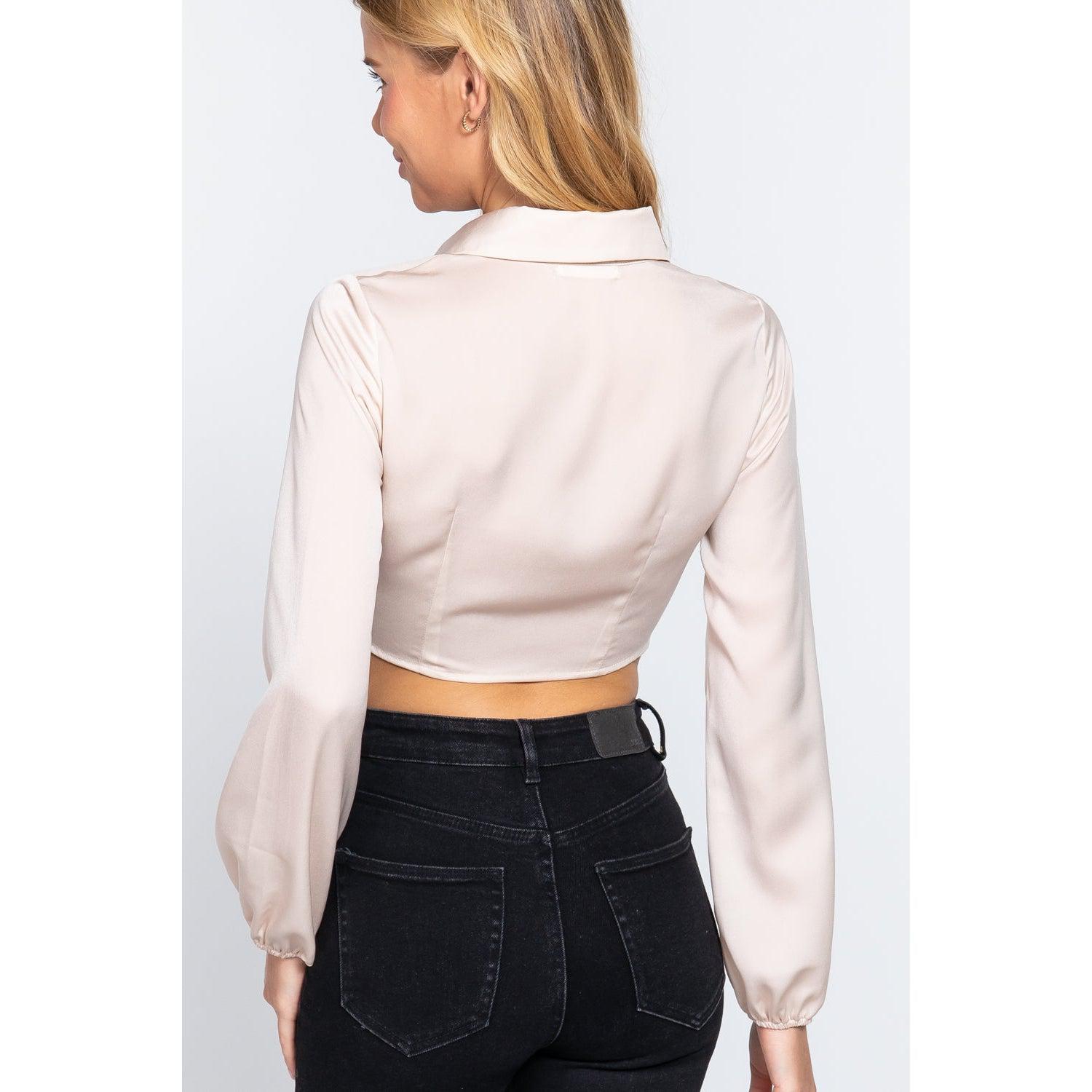 Long Sleeve Notched Collar Front Twisted Detail Crop Woven Top