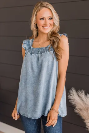 Loving Heart Smocked Tank Top- Light Denim