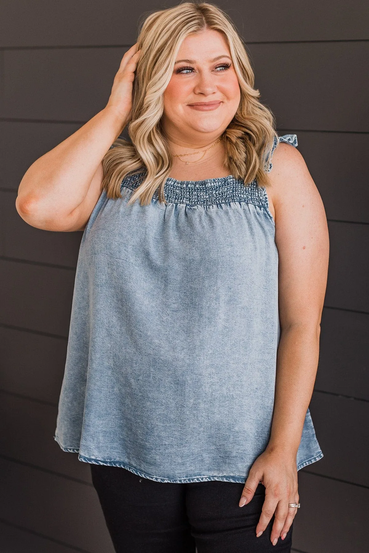 Loving Heart Smocked Tank Top- Light Denim