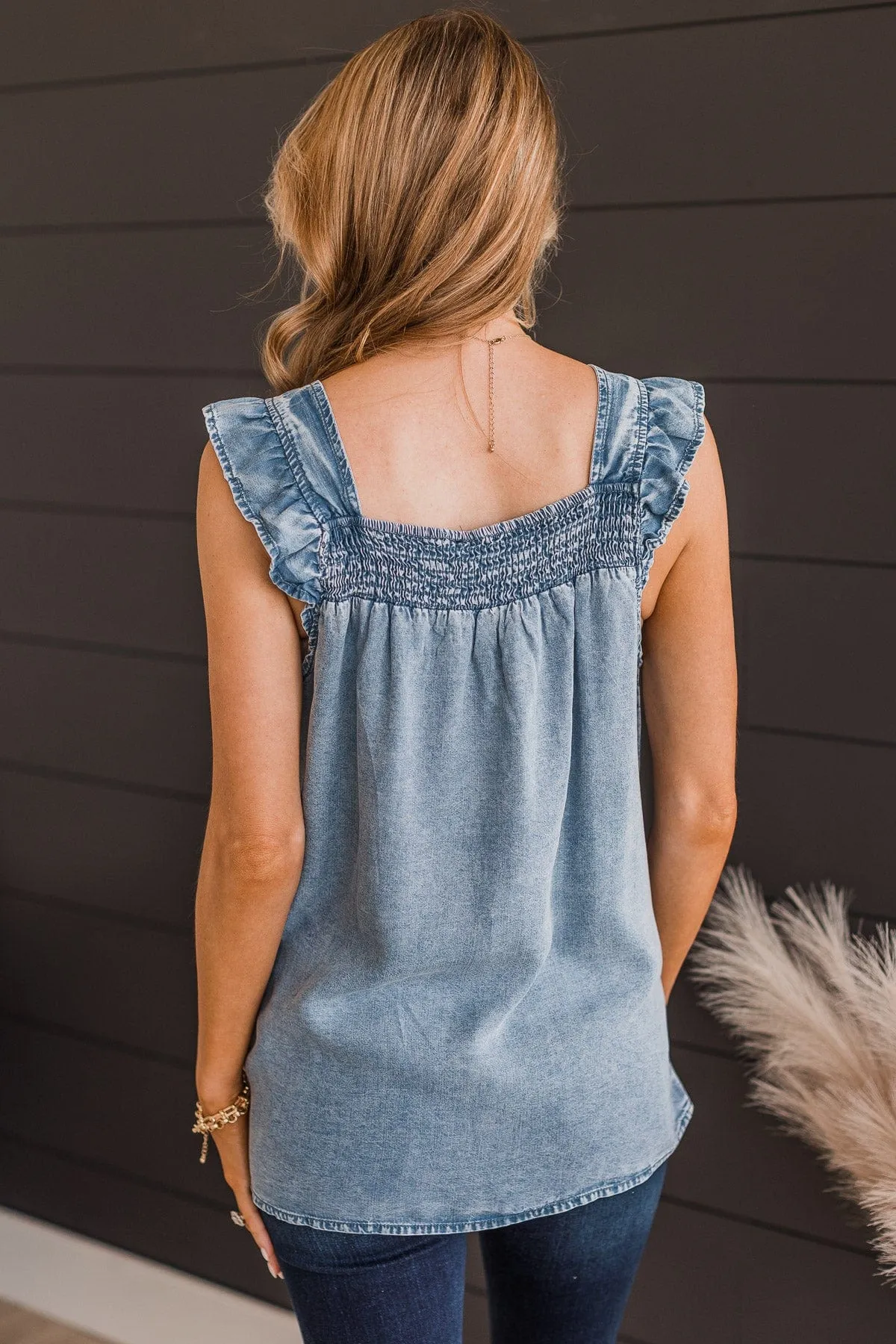 Loving Heart Smocked Tank Top- Light Denim