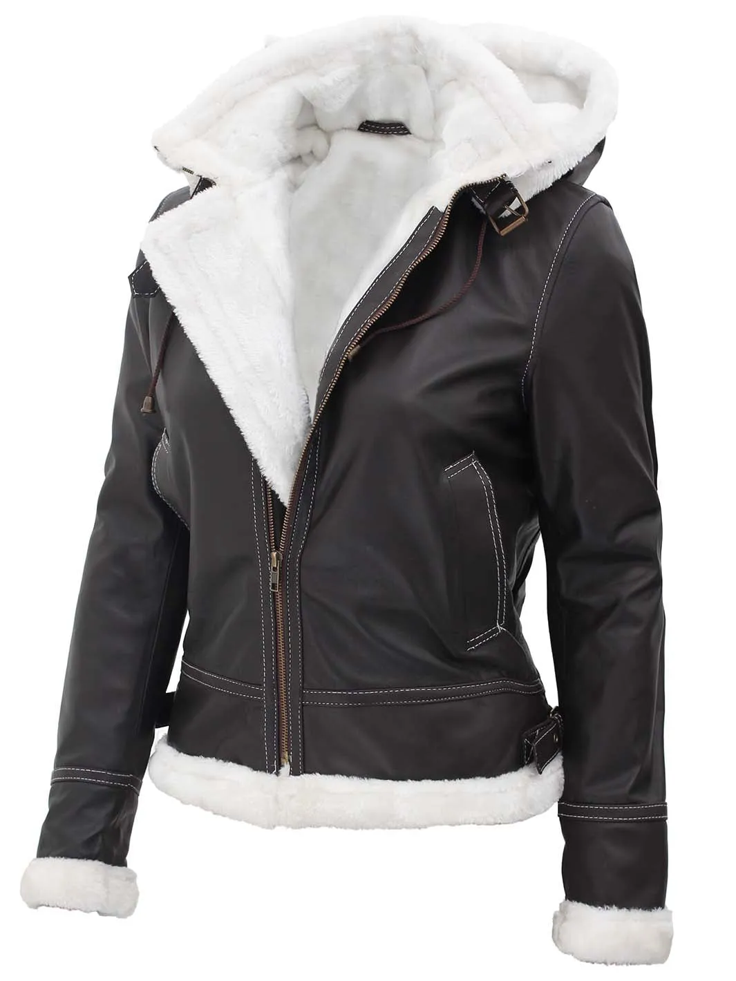 Mary Womens Fur Lined Dark Brown Bomber Leather Jacket with Removable Hood