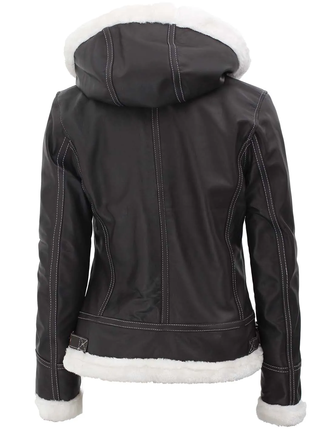 Mary Womens Fur Lined Dark Brown Bomber Leather Jacket with Removable Hood