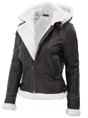 Mary Womens Fur Lined Dark Brown Bomber Leather Jacket with Removable Hood