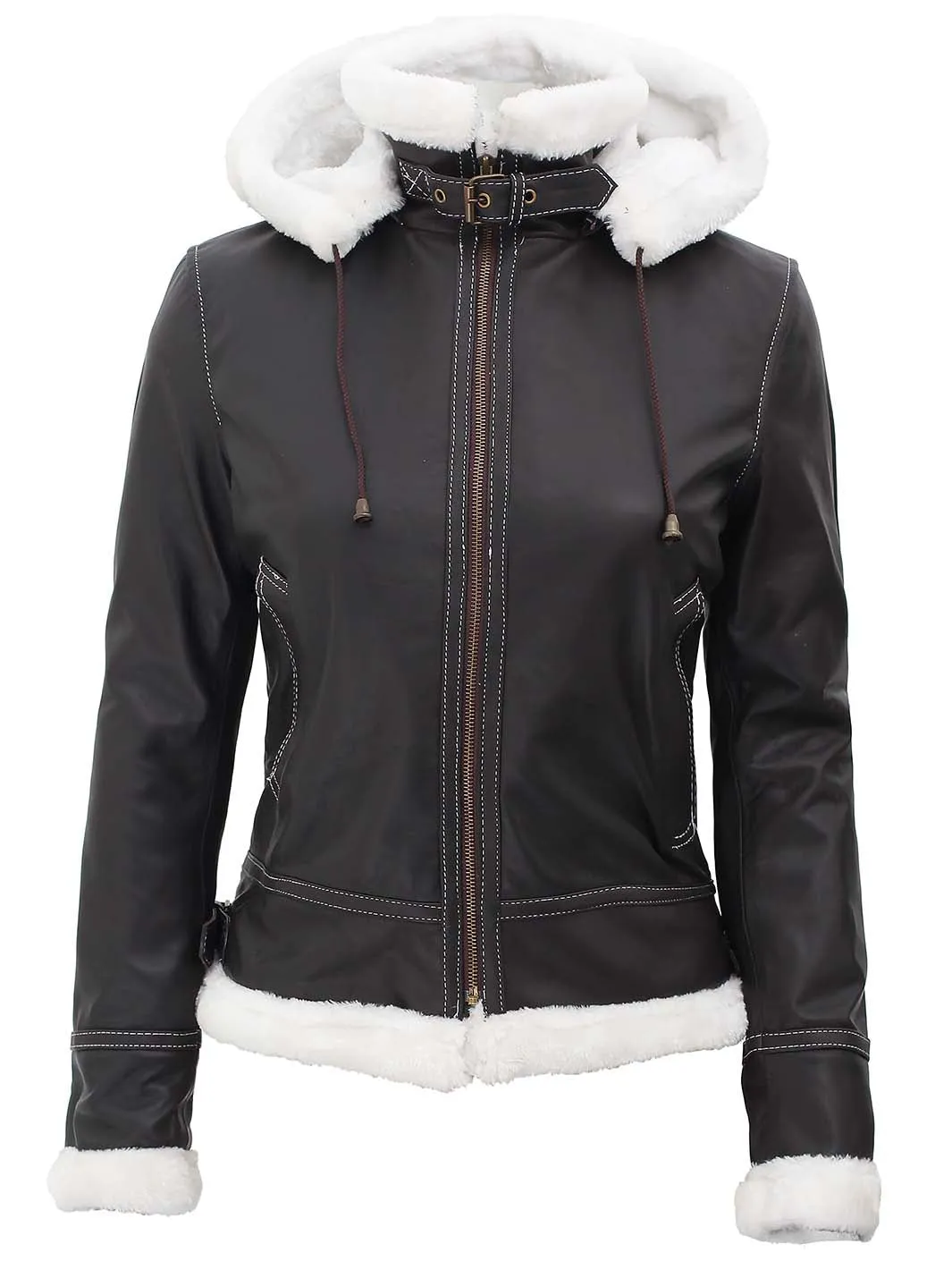 Mary Womens Fur Lined Dark Brown Bomber Leather Jacket with Removable Hood