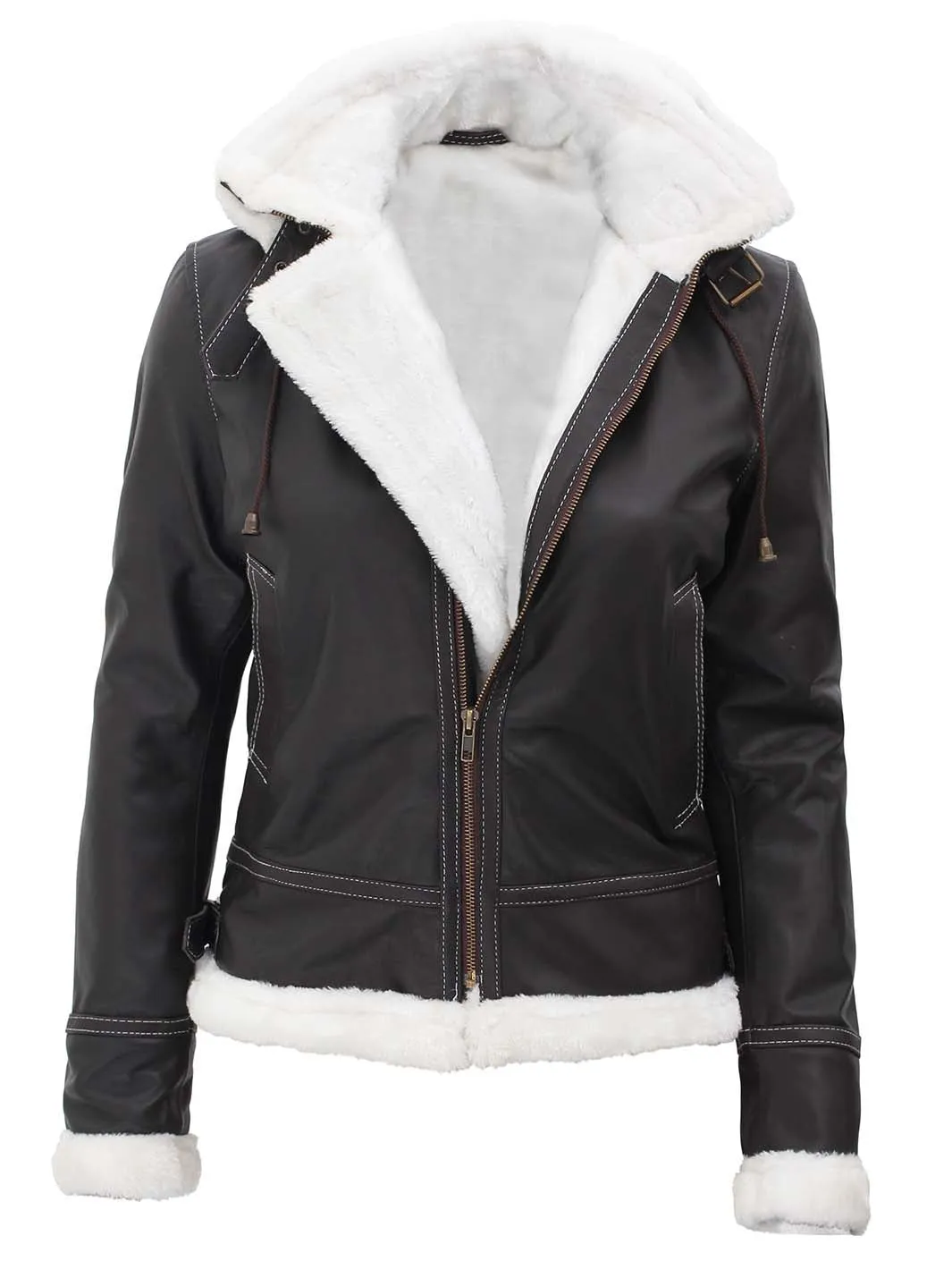 Mary Womens Fur Lined Dark Brown Bomber Leather Jacket with Removable Hood