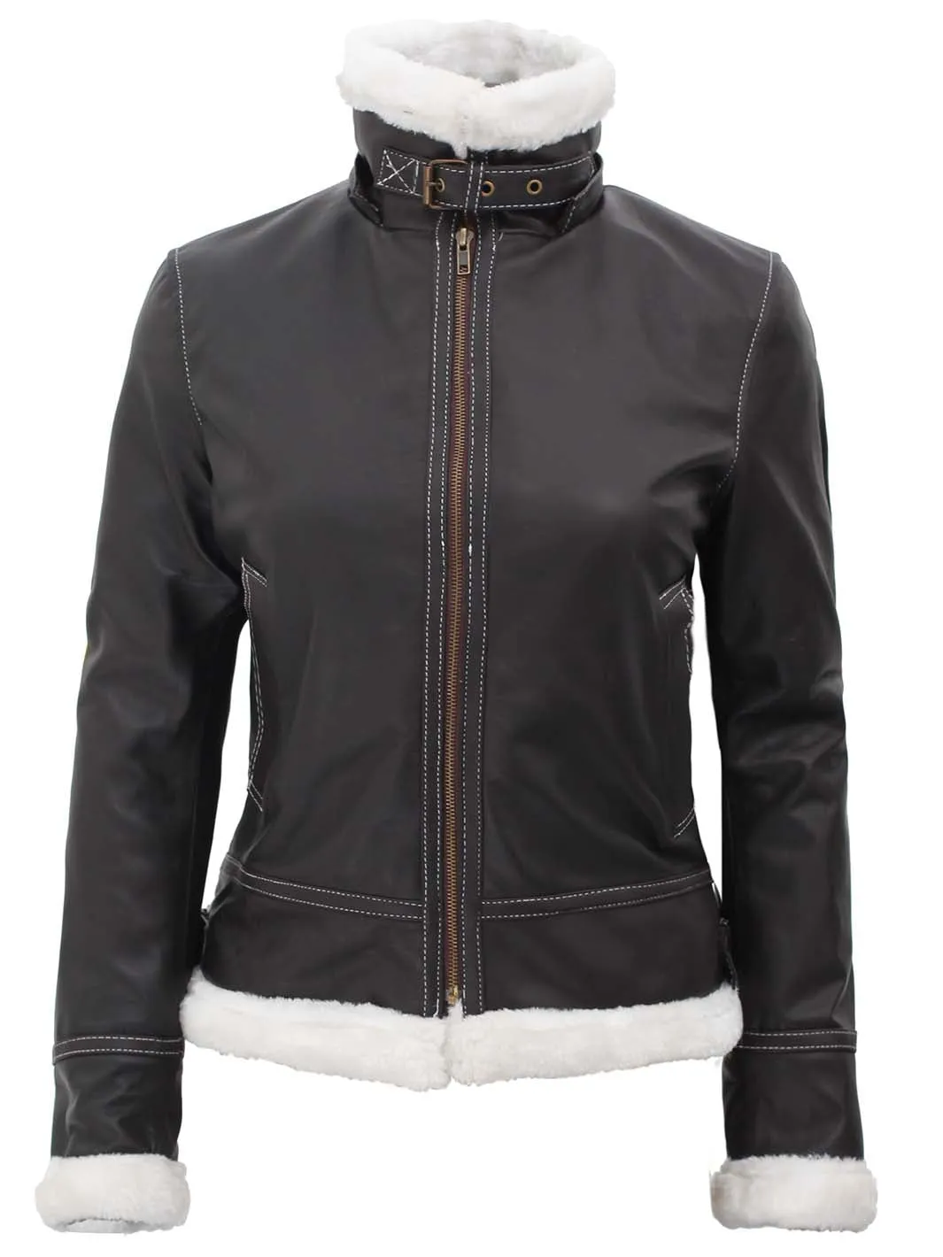 Mary Womens Fur Lined Dark Brown Bomber Leather Jacket with Removable Hood