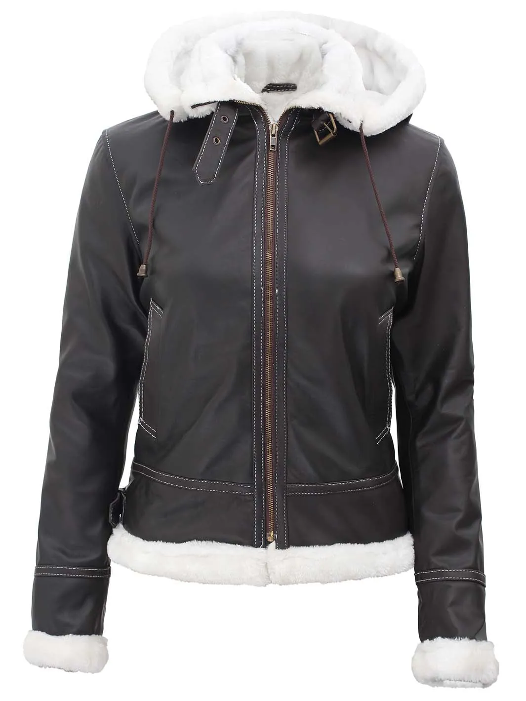 Mary Womens Fur Lined Dark Brown Bomber Leather Jacket with Removable Hood