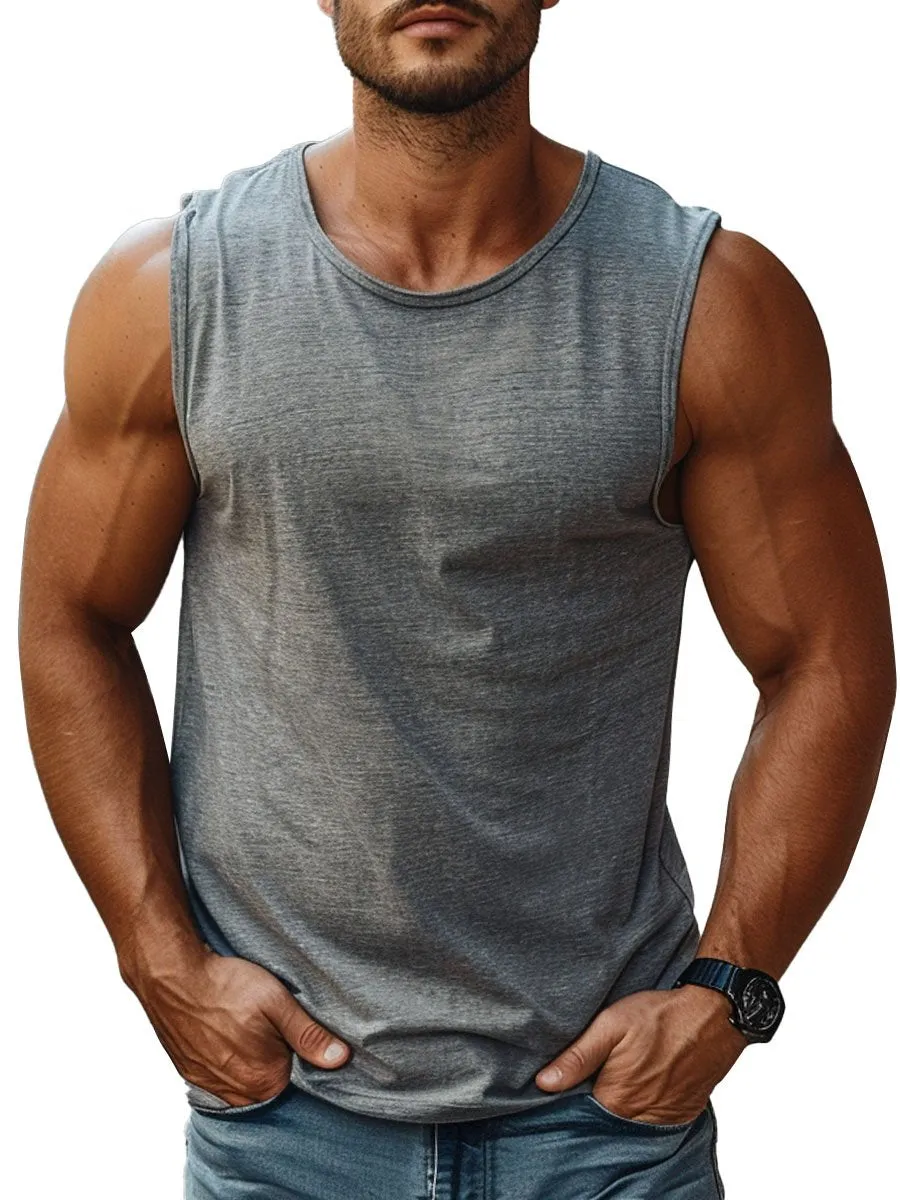 Men's Round Neck Grey All-Match Casual Tank Top