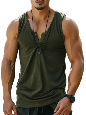 Men's V-Neck Button Solid Color All-Match Casual Sleeveless Tank