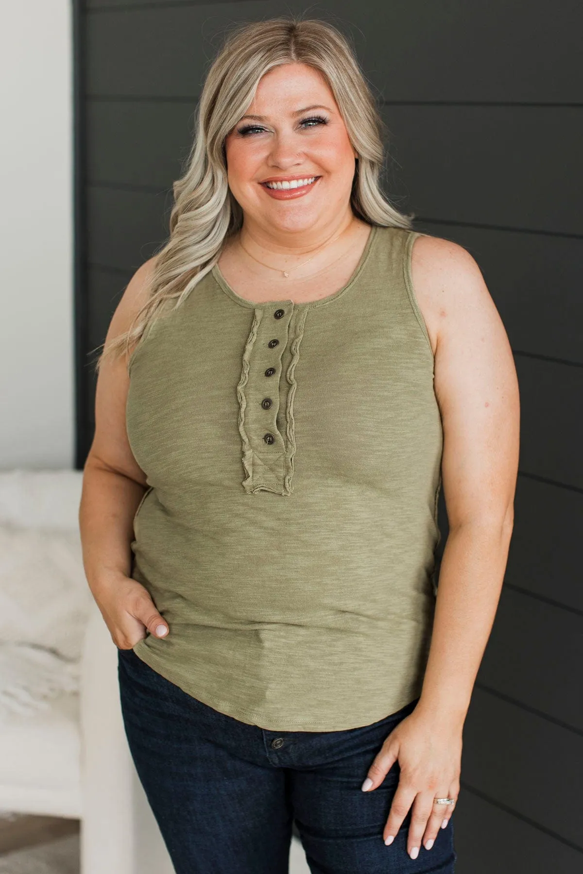 Miss Me Yet Button Tank Top- Light Olive