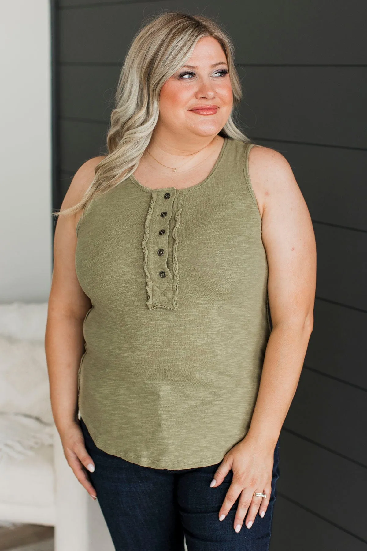 Miss Me Yet Button Tank Top- Light Olive