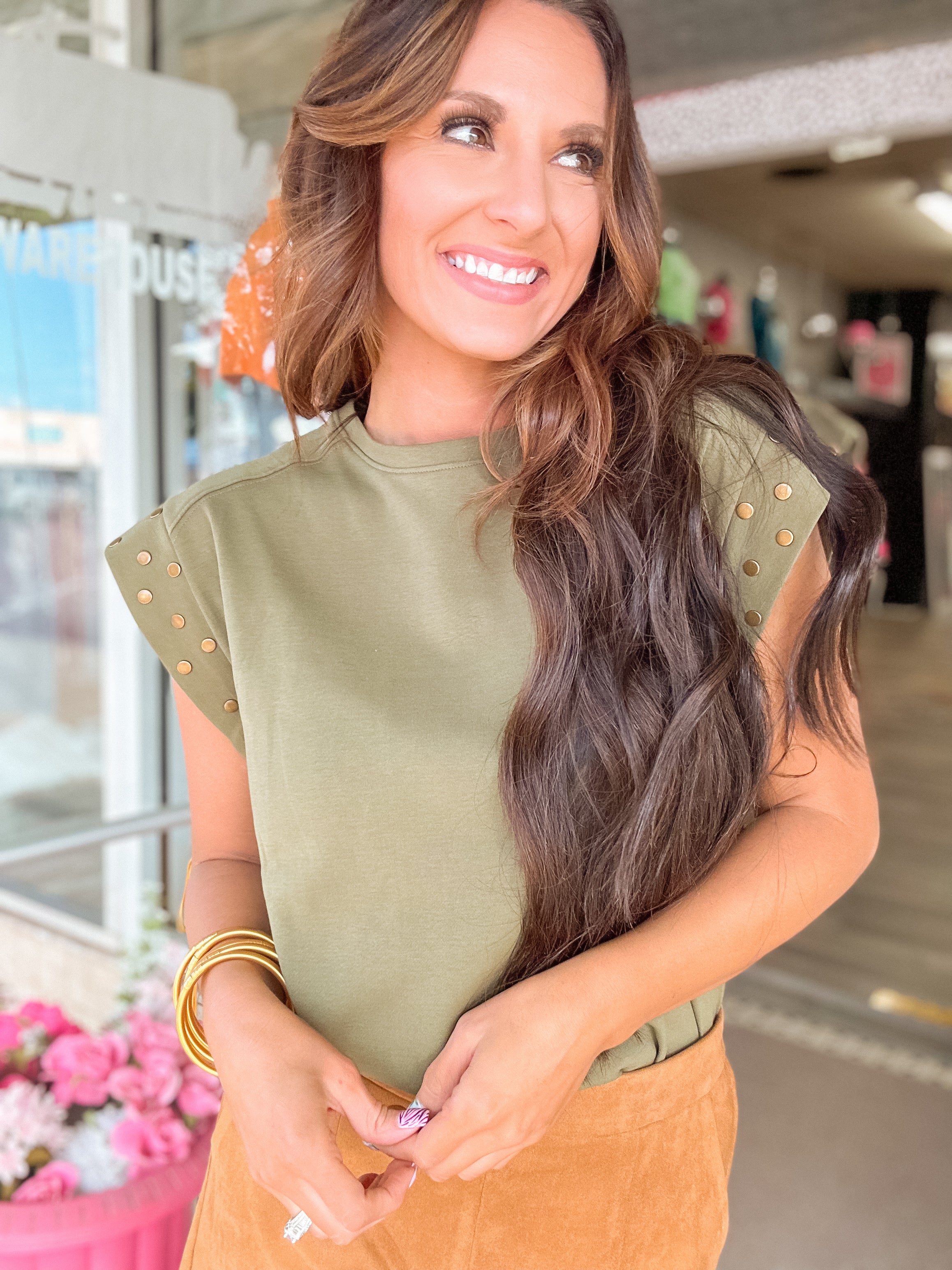 My Way Stud Detail Top - Olive