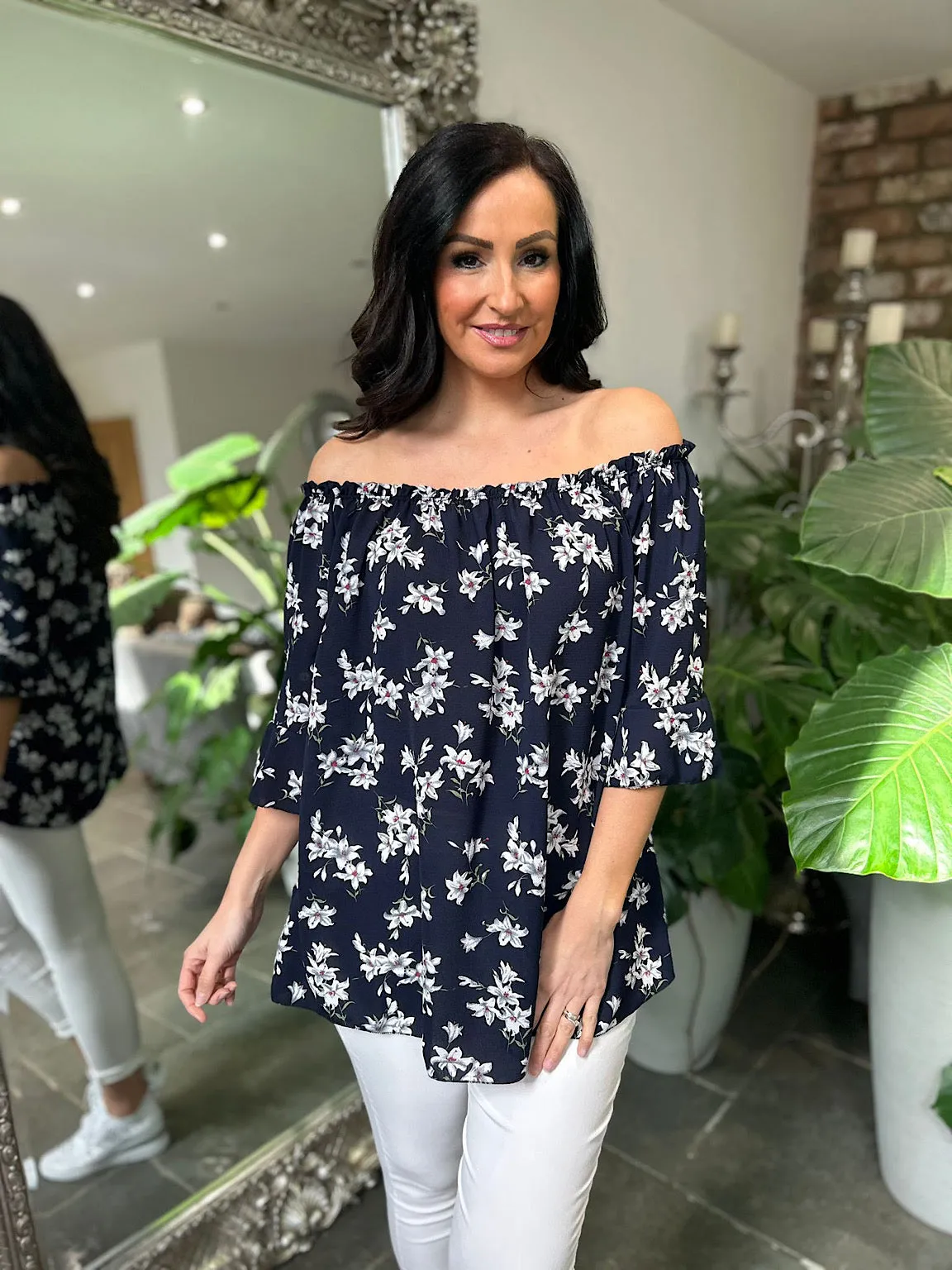 Navy Multi Flower Bardot Top Freida