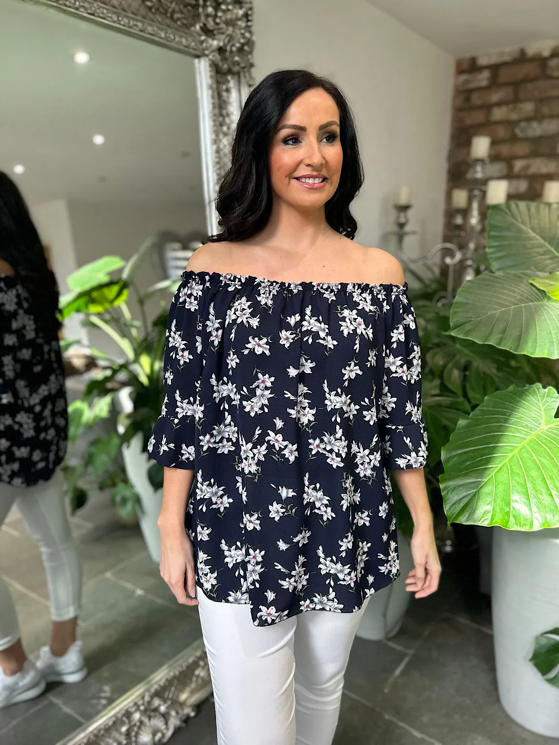 Navy Multi Flower Bardot Top Freida