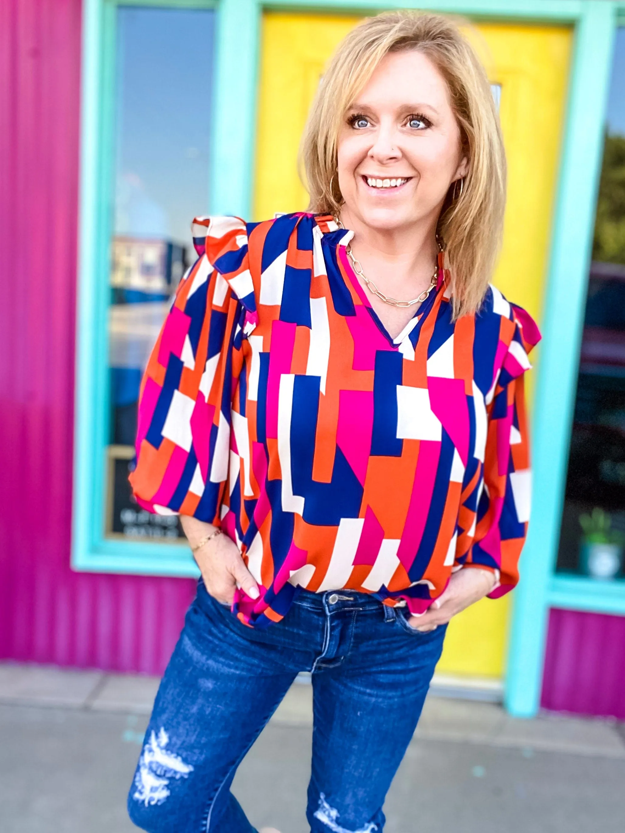 Navy, Orange and Cream Block Top