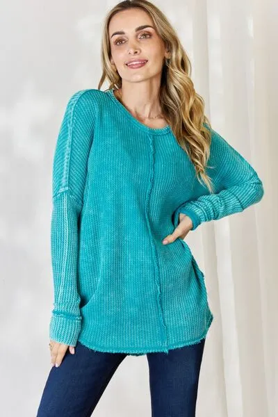 Oversized Washed Waffle Long Sleeve Top - Light Teal