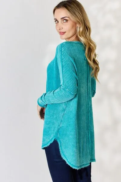 Oversized Washed Waffle Long Sleeve Top - Light Teal