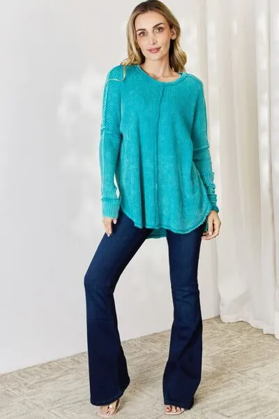 Oversized Washed Waffle Long Sleeve Top - Light Teal