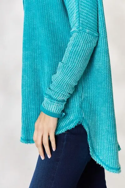 Oversized Washed Waffle Long Sleeve Top - Light Teal