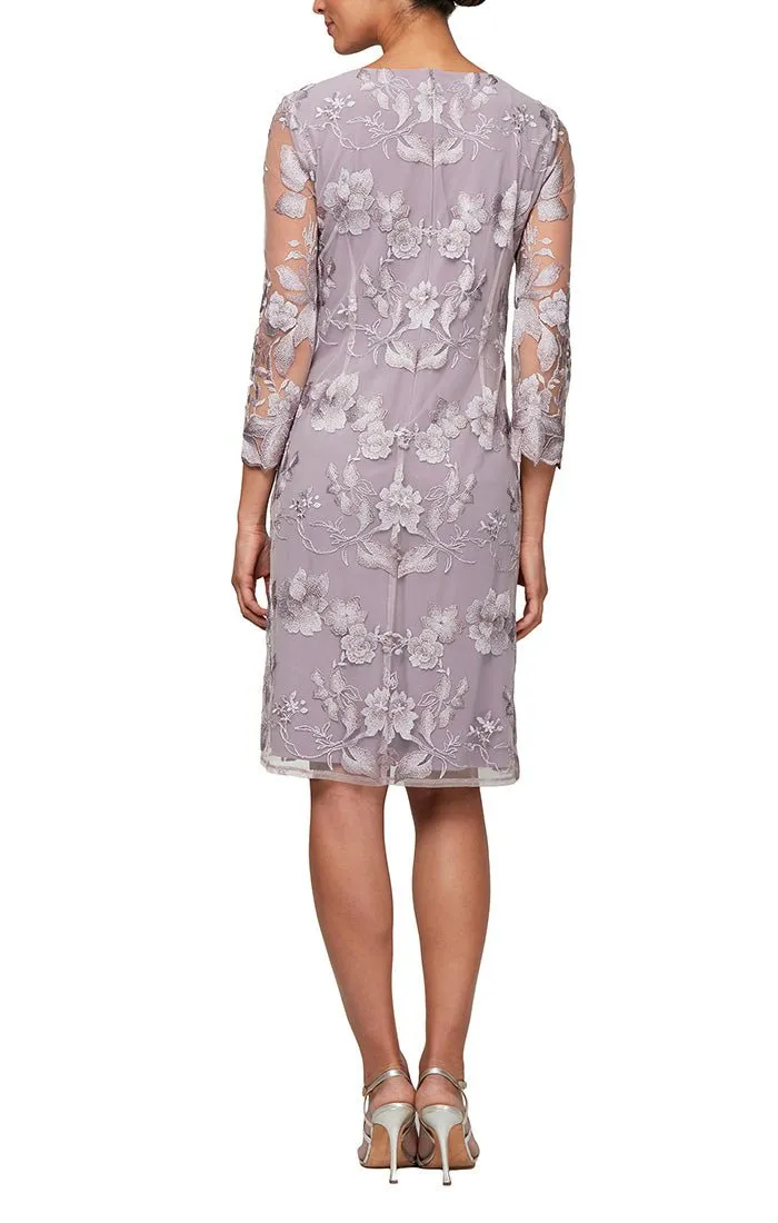 Petite Embroidered Elongated Lace Mock Jacket with Jersey Sheath Dress