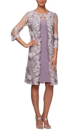 Petite Embroidered Elongated Lace Mock Jacket with Jersey Sheath Dress