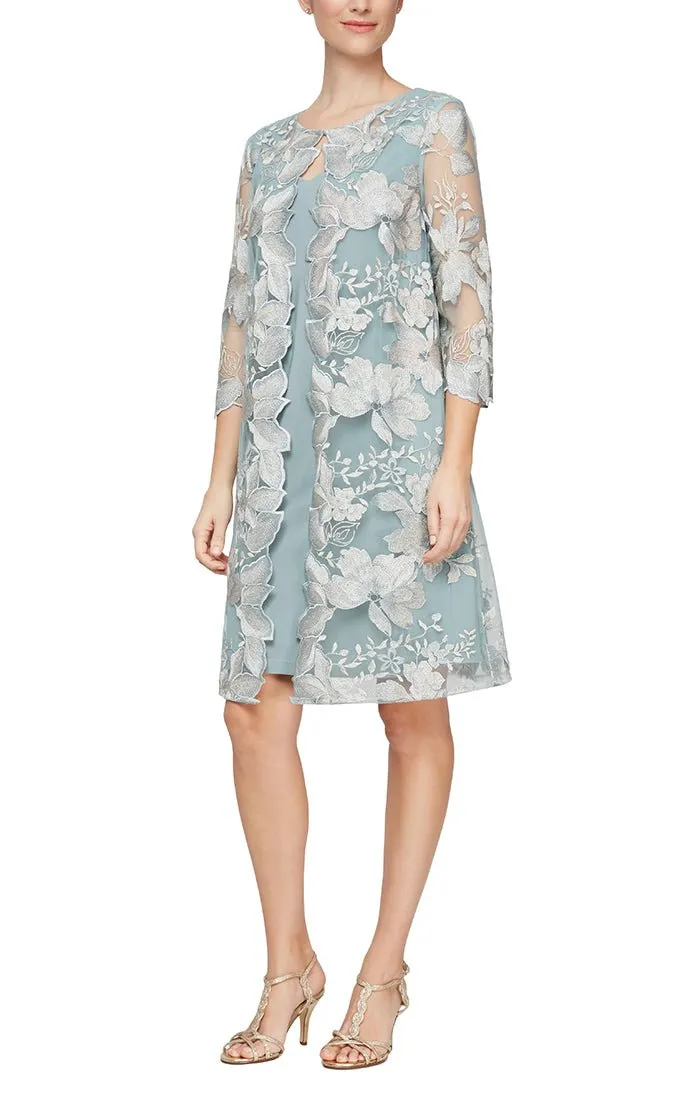 Petite Embroidered Elongated Lace Mock Jacket with Jersey Sheath Dress