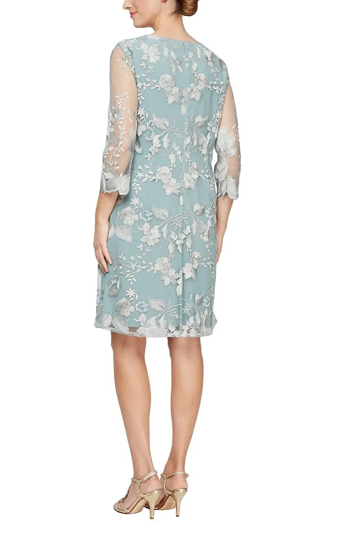 Petite Embroidered Elongated Lace Mock Jacket with Jersey Sheath Dress