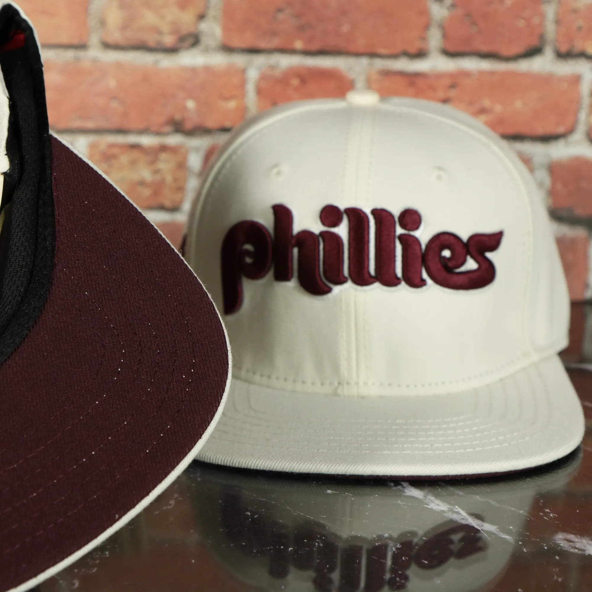 Philadelphia Phillies Cooperstown 1970 Phillies Script 1984 Phillies logo side patch Cream Snapback Hat