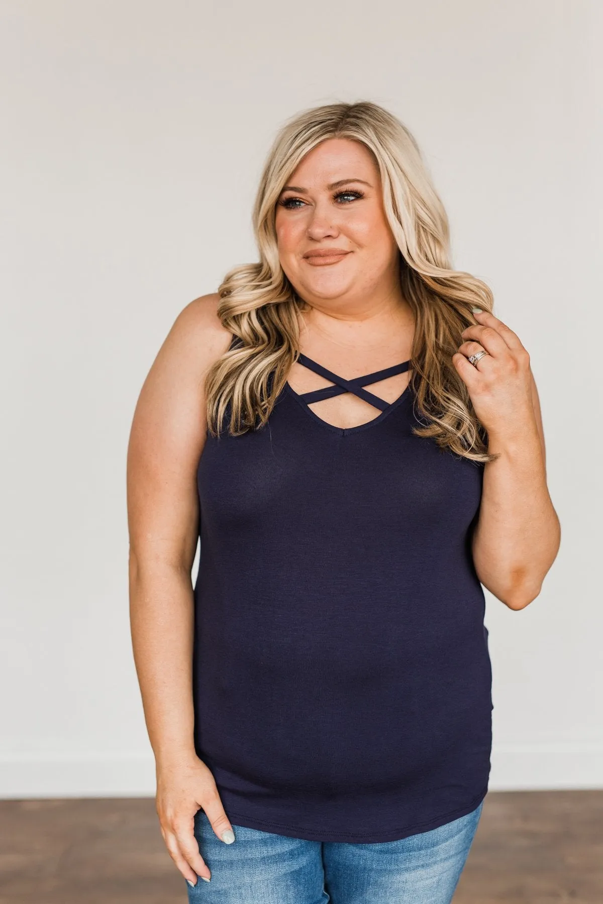 Places to Go Criss Cross Tank Top- Navy