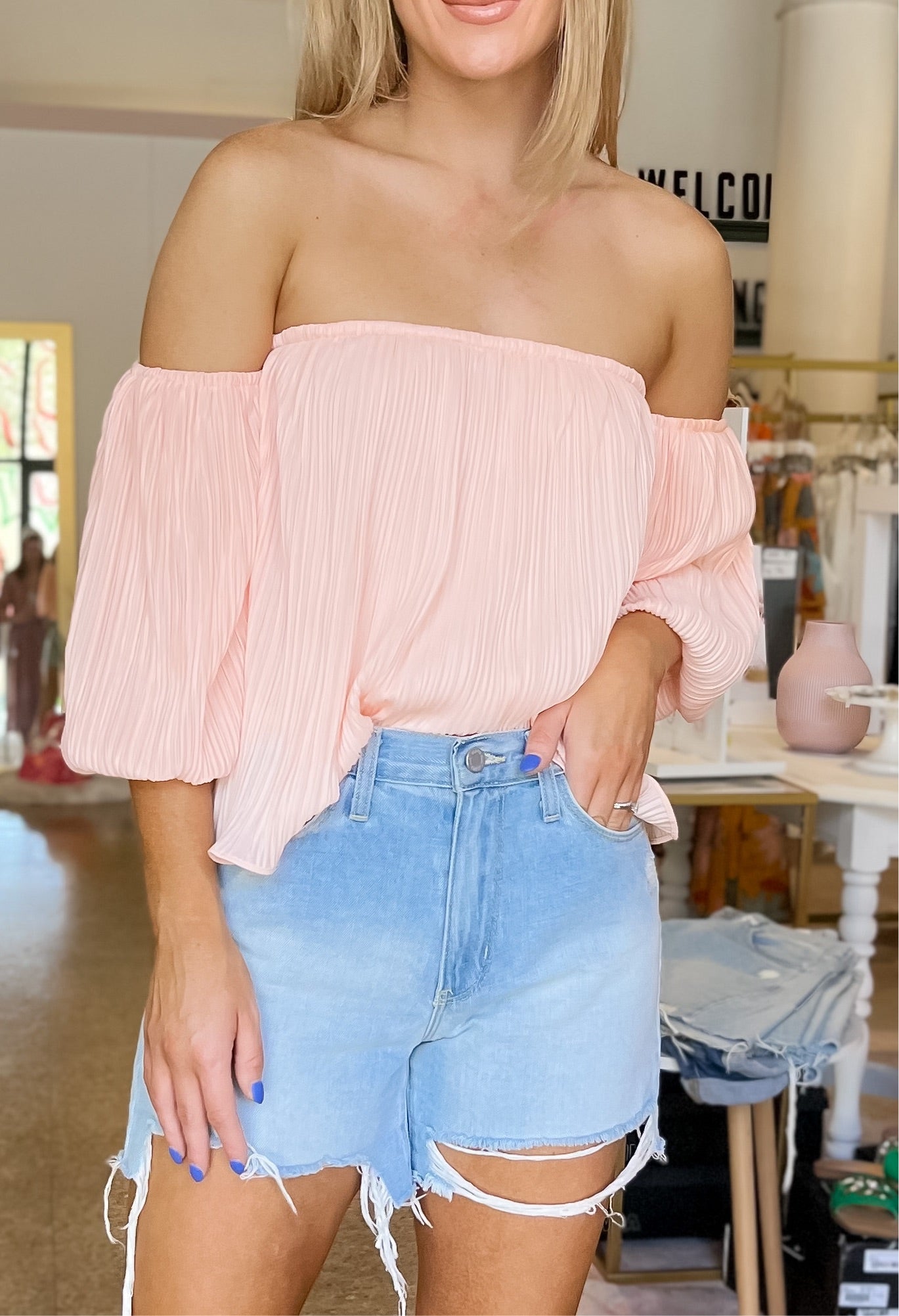 Pleated Off Shoulder Top - Light Pink