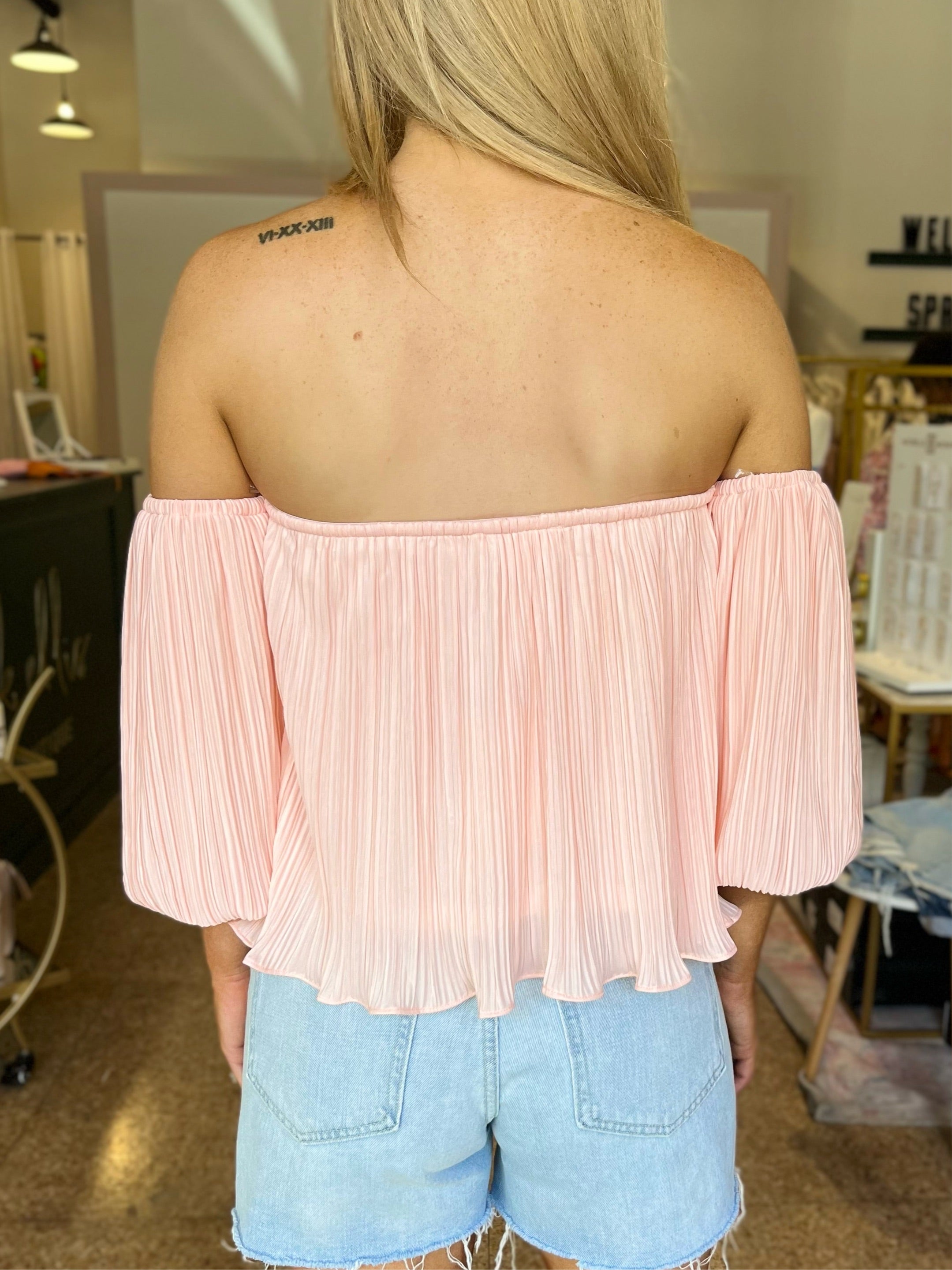 Pleated Off Shoulder Top - Light Pink