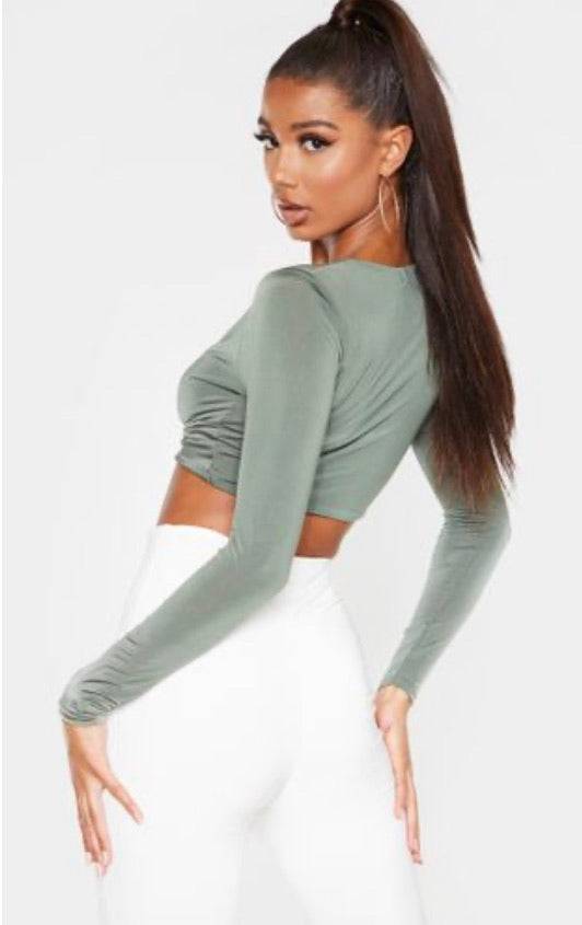 PLT Khaki Slinky Twist Front Long Sleeve Crop Top