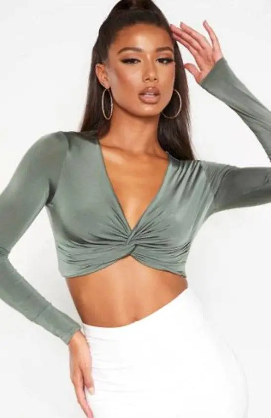 PLT Khaki Slinky Twist Front Long Sleeve Crop Top