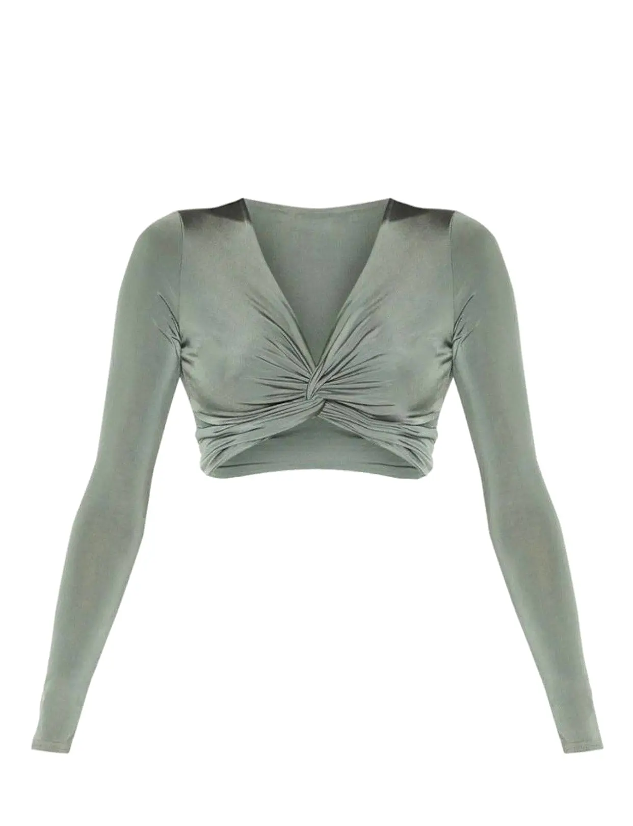 PLT Khaki Slinky Twist Front Long Sleeve Crop Top