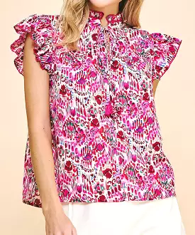 Printed Top with Ruffle Detail - Pink Multi