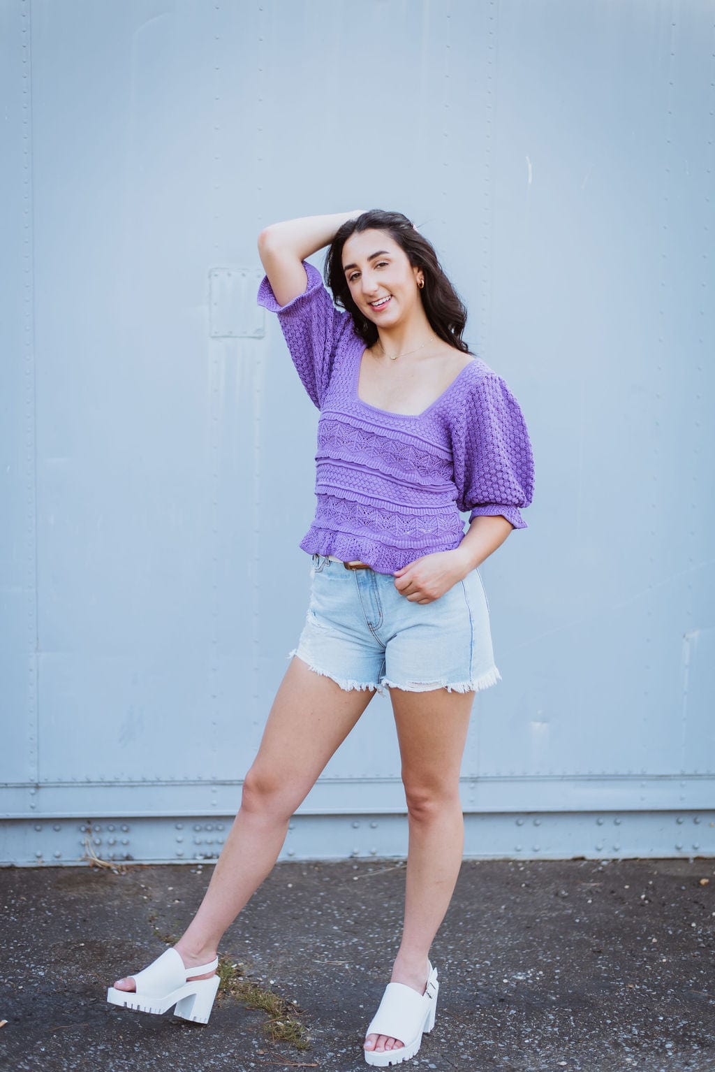 Purple Crochet Puff Sleeve Top