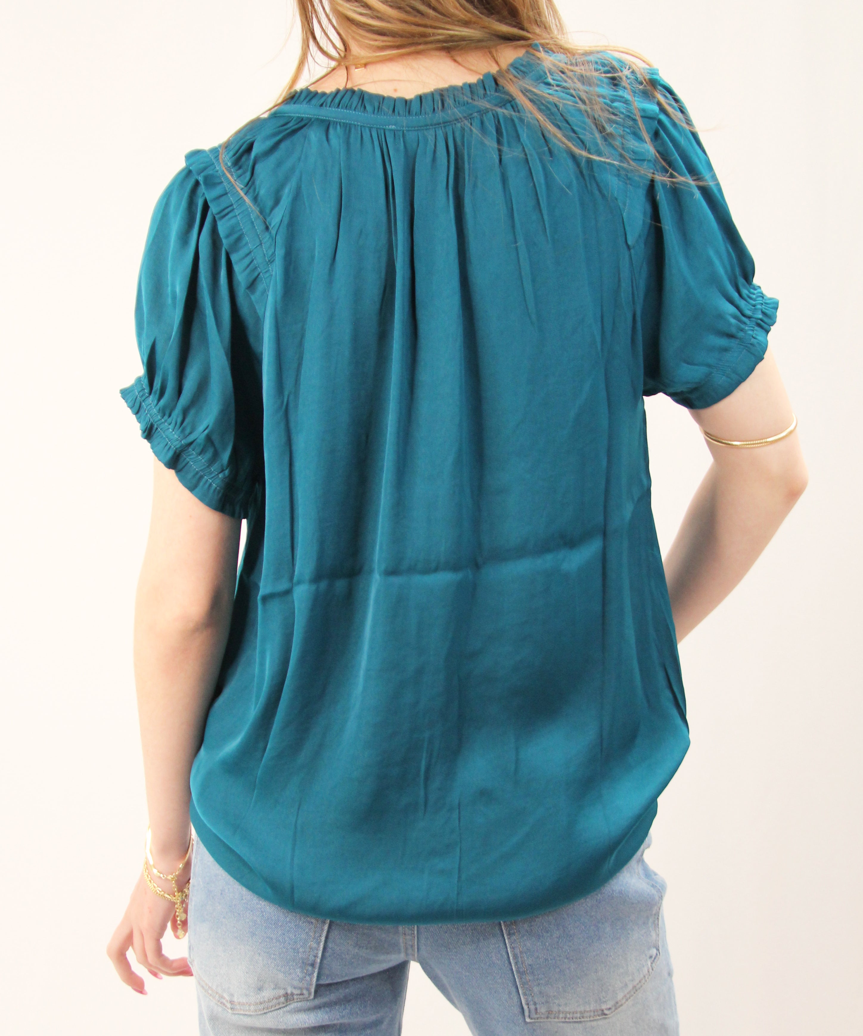 Raglan Sleeve Blouse with Frill Detail - Deep Teal