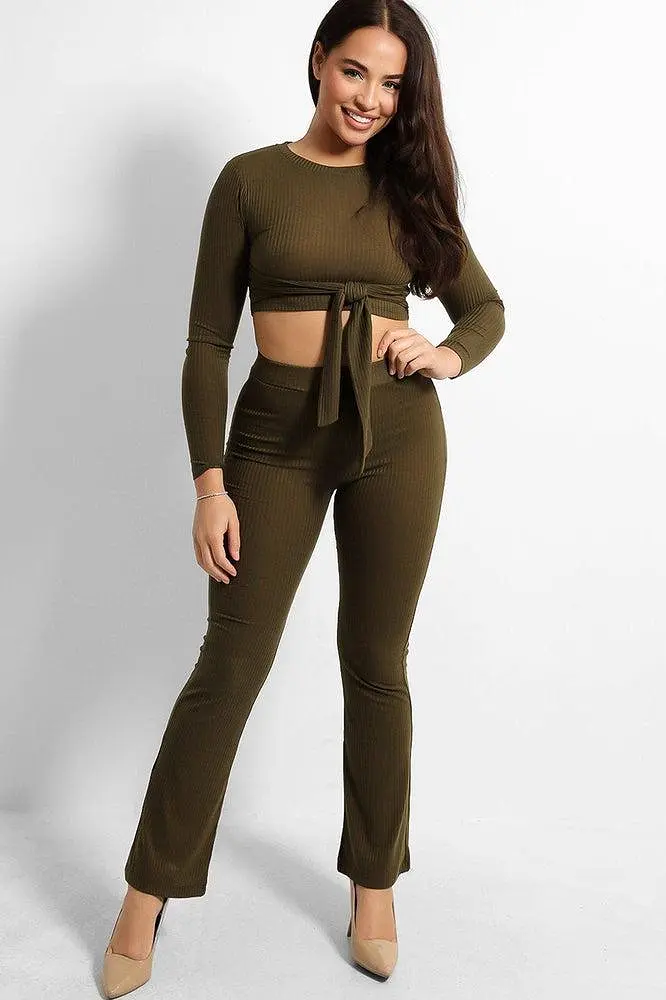 Ribbed Jersey Crop Tie Top And Trousers Set