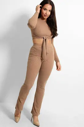 Ribbed Jersey Crop Tie Top And Trousers Set