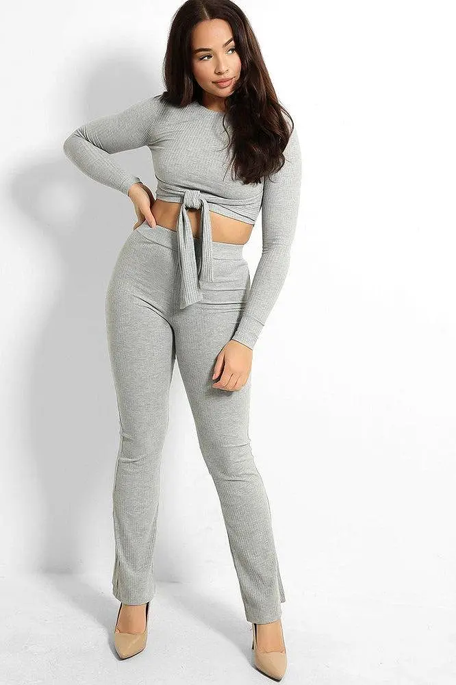 Ribbed Jersey Crop Tie Top And Trousers Set