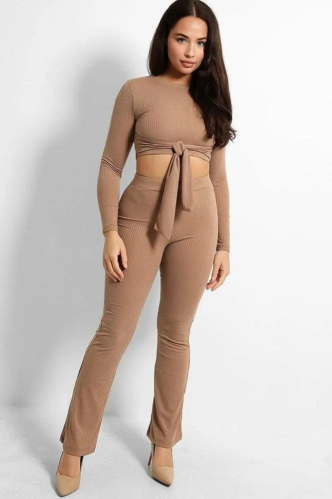 Ribbed Jersey Crop Tie Top And Trousers Set