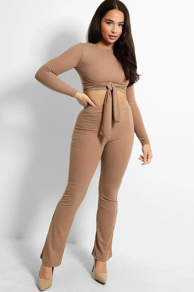 Ribbed Jersey Crop Tie Top And Trousers Set