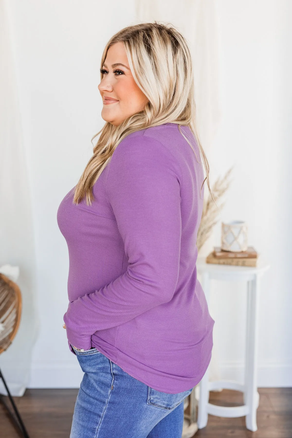 Rise To The Top Long Sleeve Henley Top- Purple