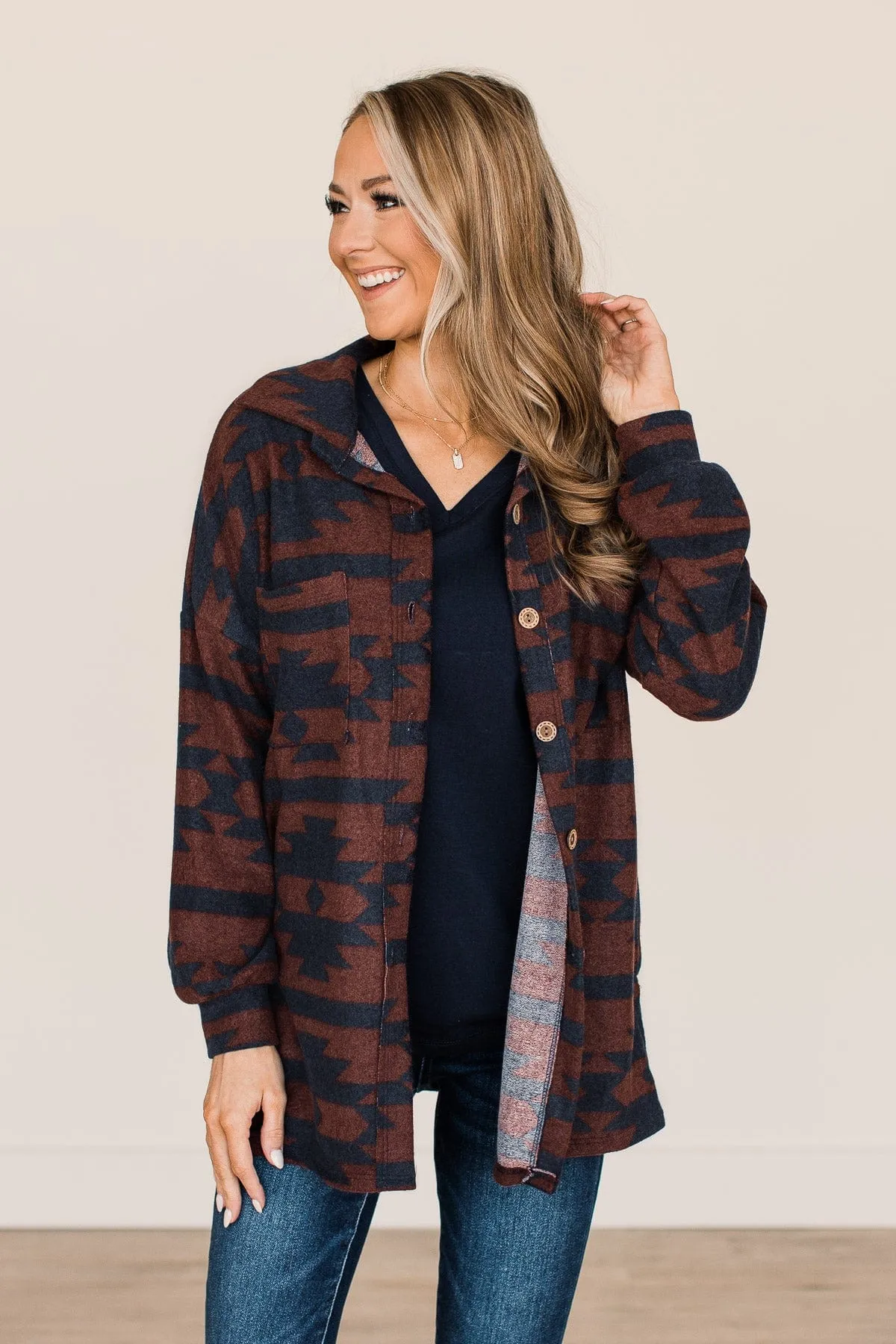 Road Less Traveled Aztec Button Top- Copper & Navy