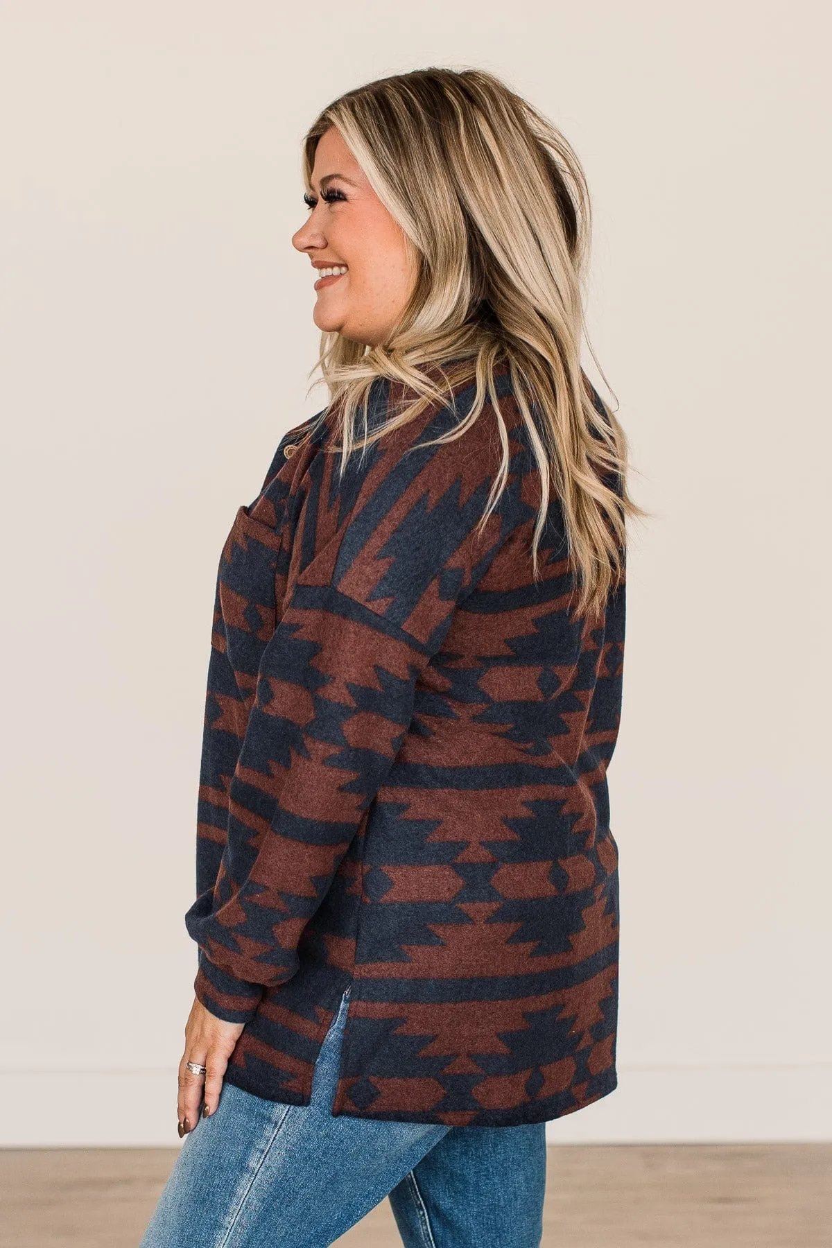 Road Less Traveled Aztec Button Top- Copper & Navy