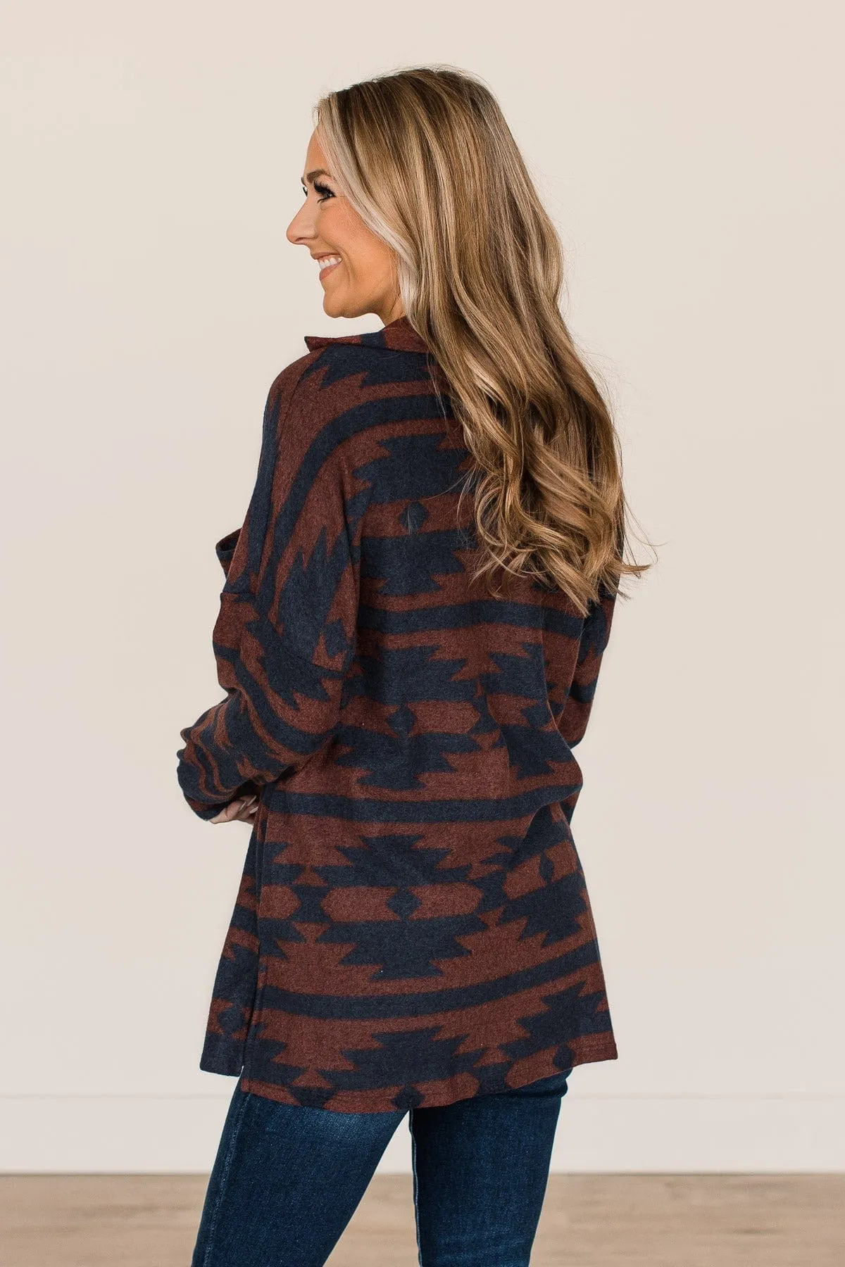 Road Less Traveled Aztec Button Top- Copper & Navy